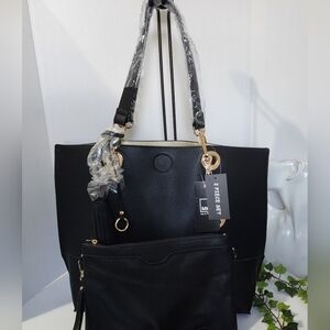 MKF Black Faux Leather Large Tote and Crossbody Bag Set